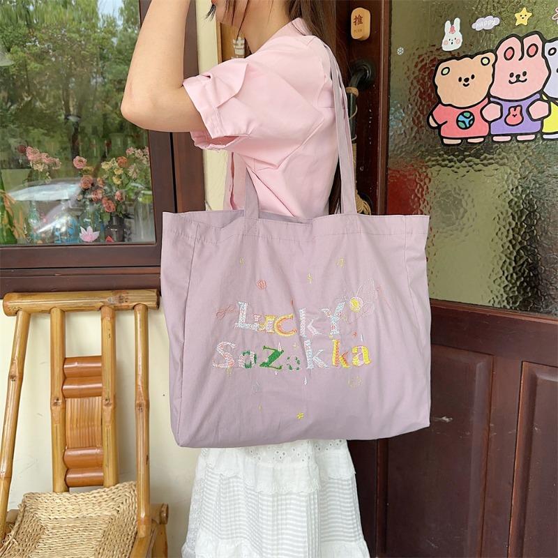 Summer canvas embroidery casual lazy style literary hand carry shoulder bag shopping bag canvas schoolbag