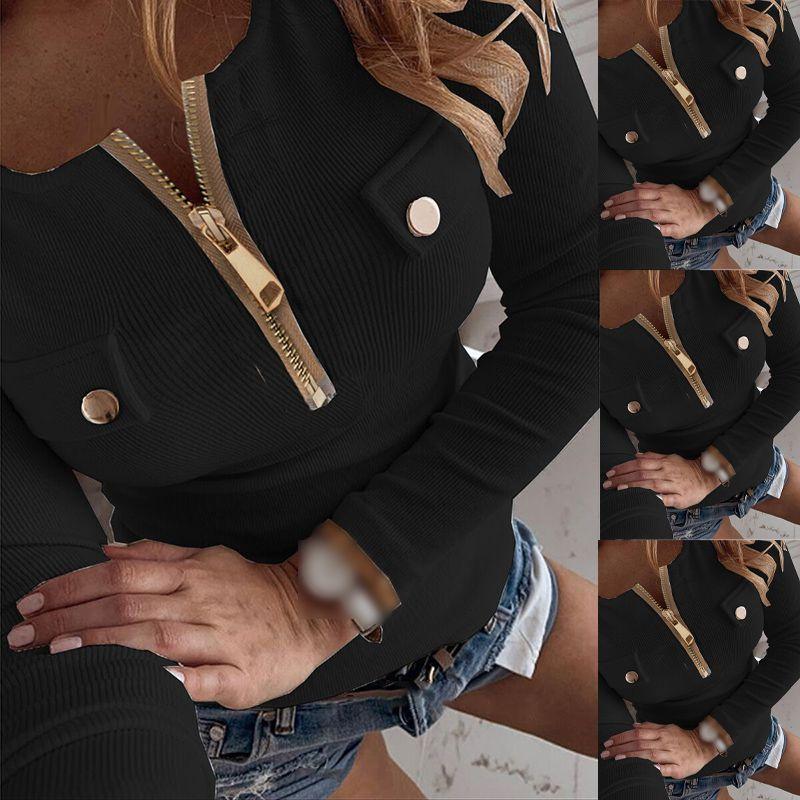 

Женские топы с V-образным вырезом на молнии, с длинным рукавом, облегающие, в рубчик, женская блузка, повседневная 2XL