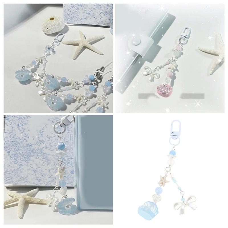 Cute Shell Bowknot Bead Keychain Pendant Lovely Hanging Decorations Keyring Charm for Purse Bag Backpack Handbag