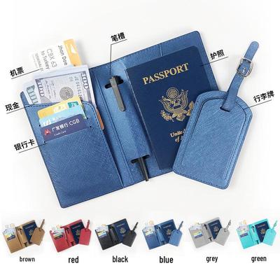 Multi-Function PU Leather Passport Cover & Luggage Tag Set with Pen Holder and Edge Stitching