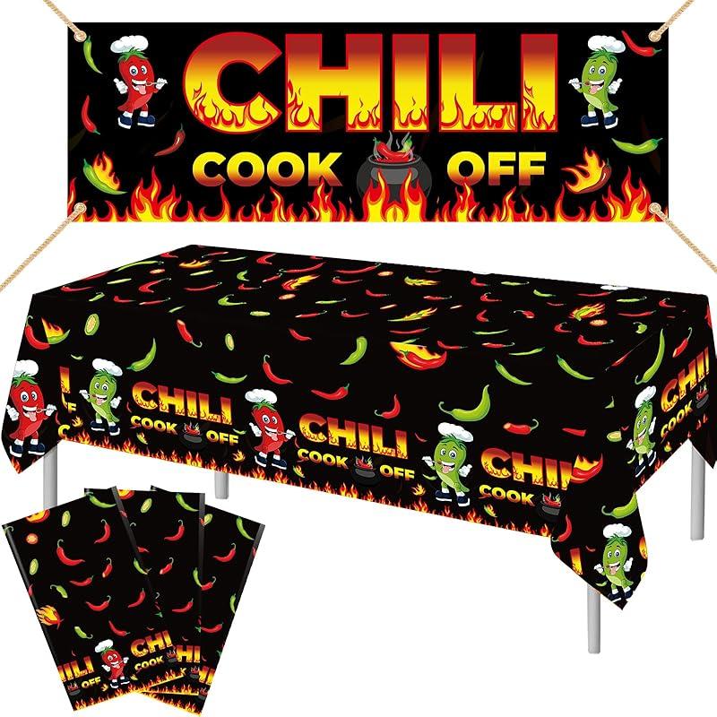 10 Pcs Chili Cook Off Decorations Set Chili Cook Off Banner Chili Pepper Disposable Tablecloth Plastic Table Cover Balloons Fire Balloons Chili