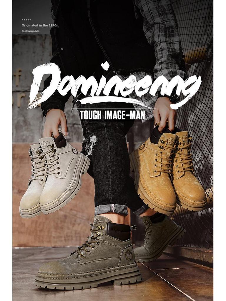 Putian Men's Genuine Leather Warm Fleece-Lined Martin Boots, Yellow British-Style Ankle Workwear Boots