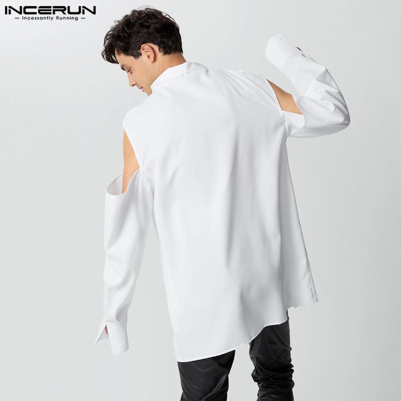 INCERUN Men Cold Shoulder Cutout Long Sleeve Cross Split Irregular Tops
