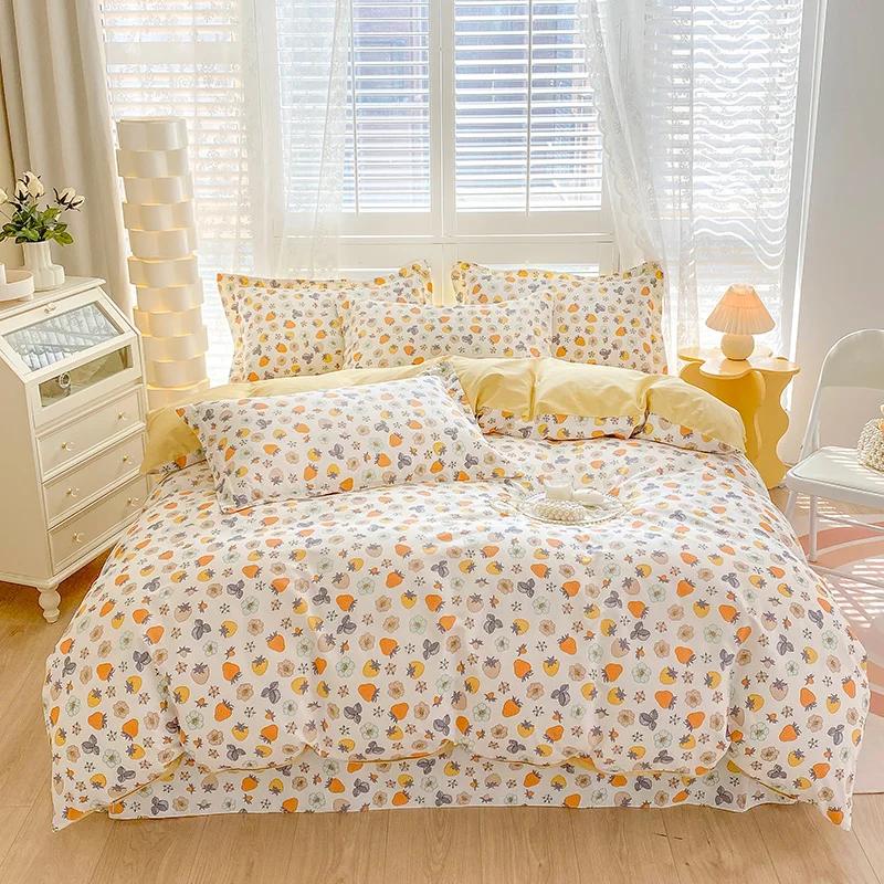 Conjunto de capa de edredom com estampa de folhas verdes-limão, 3 peças, conjunto de cama de algodão, macio, confortável, edredom e fronhas