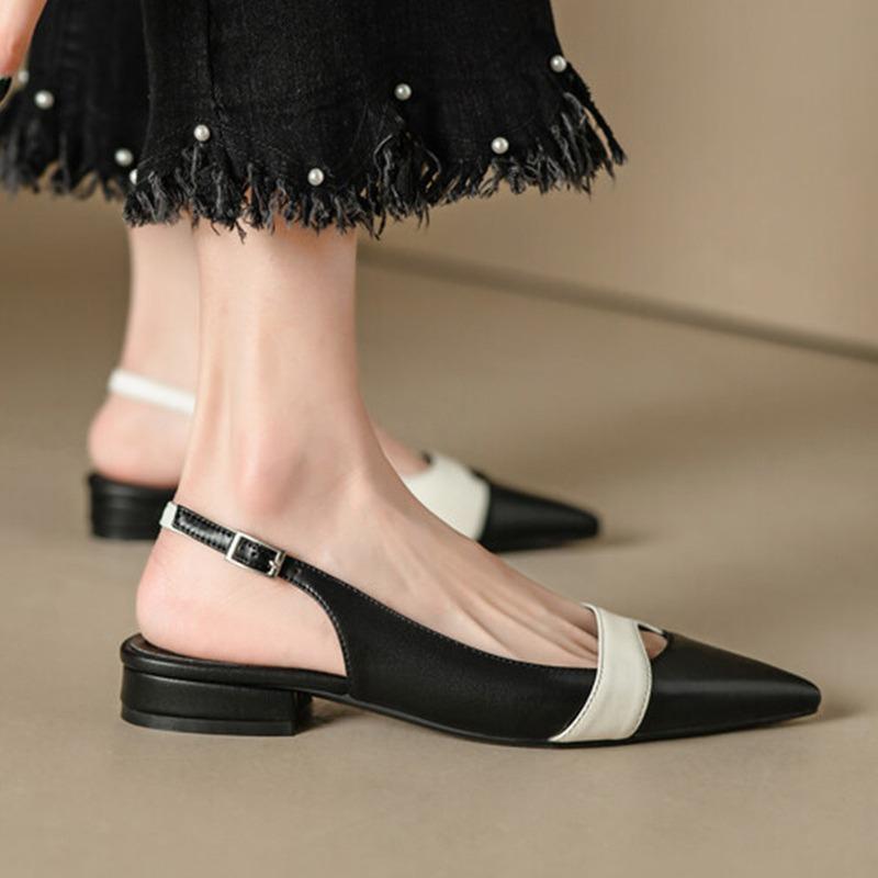 Ladies' Baotou French Style Single Shoes, Retro Color Blocked Pointed Flat Shoes, Back Air Summer Women's Style with Skirt, Fashionable Sandals