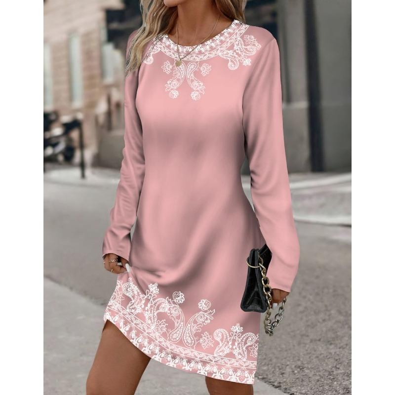 

JPNTKY Fashion Autumn Winter Long Sleeve O-Neck Casual Dresses XXXL рожевий