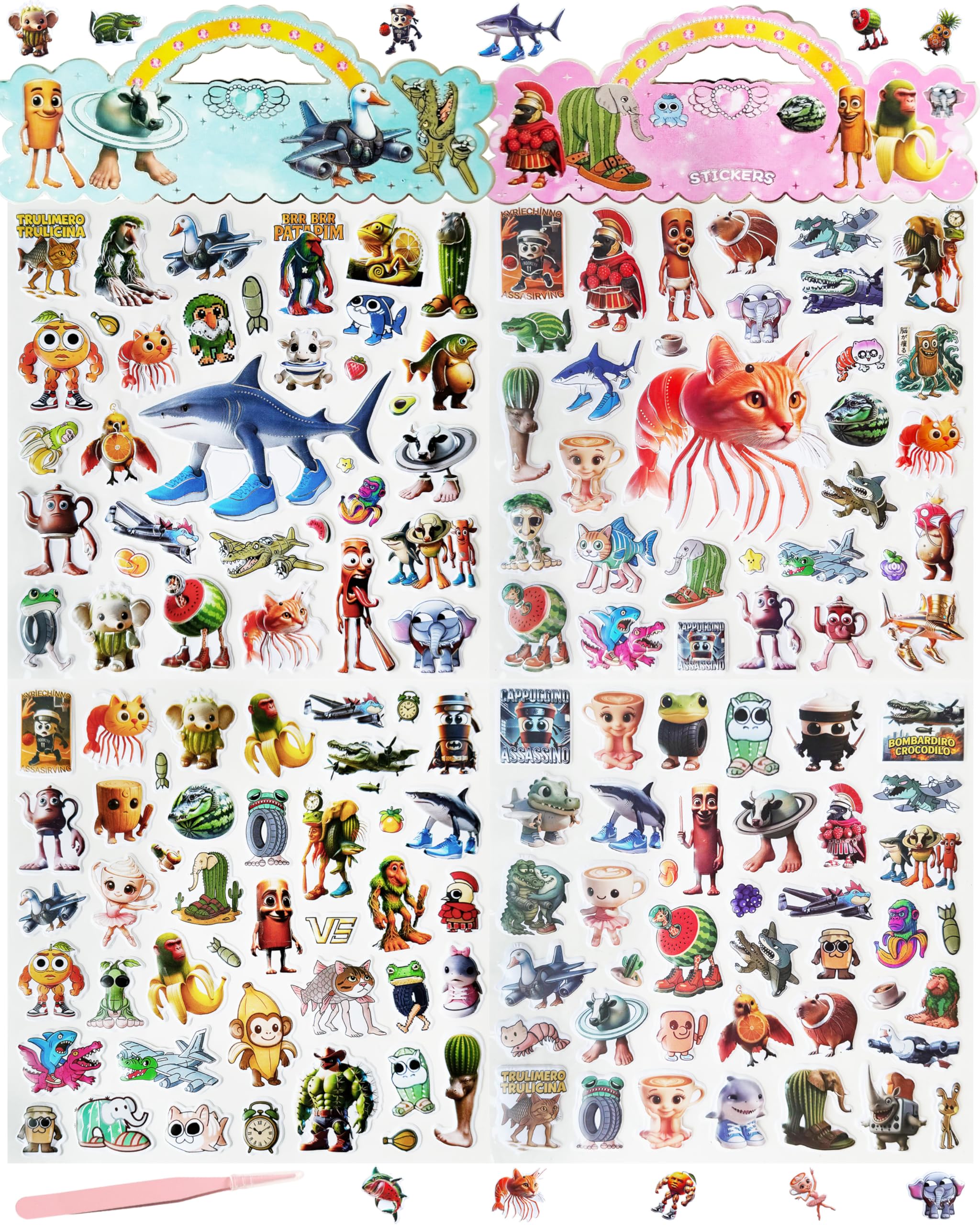 

Gokei Italian Brainrot Sticker Set 4 Sheets 150 Pieces Waterproof 3D PVC Puffy Notebook Decoration Meme Deco DIY Character Monster
