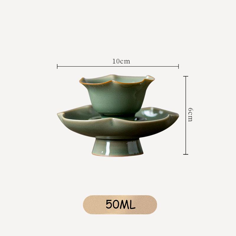 50ml Boutique Yue Kiln Celadon Sunflower Mouth Teacup with Saucer Set Handmade Ceramic Master Cup Chazhan Customize Teaware Gift