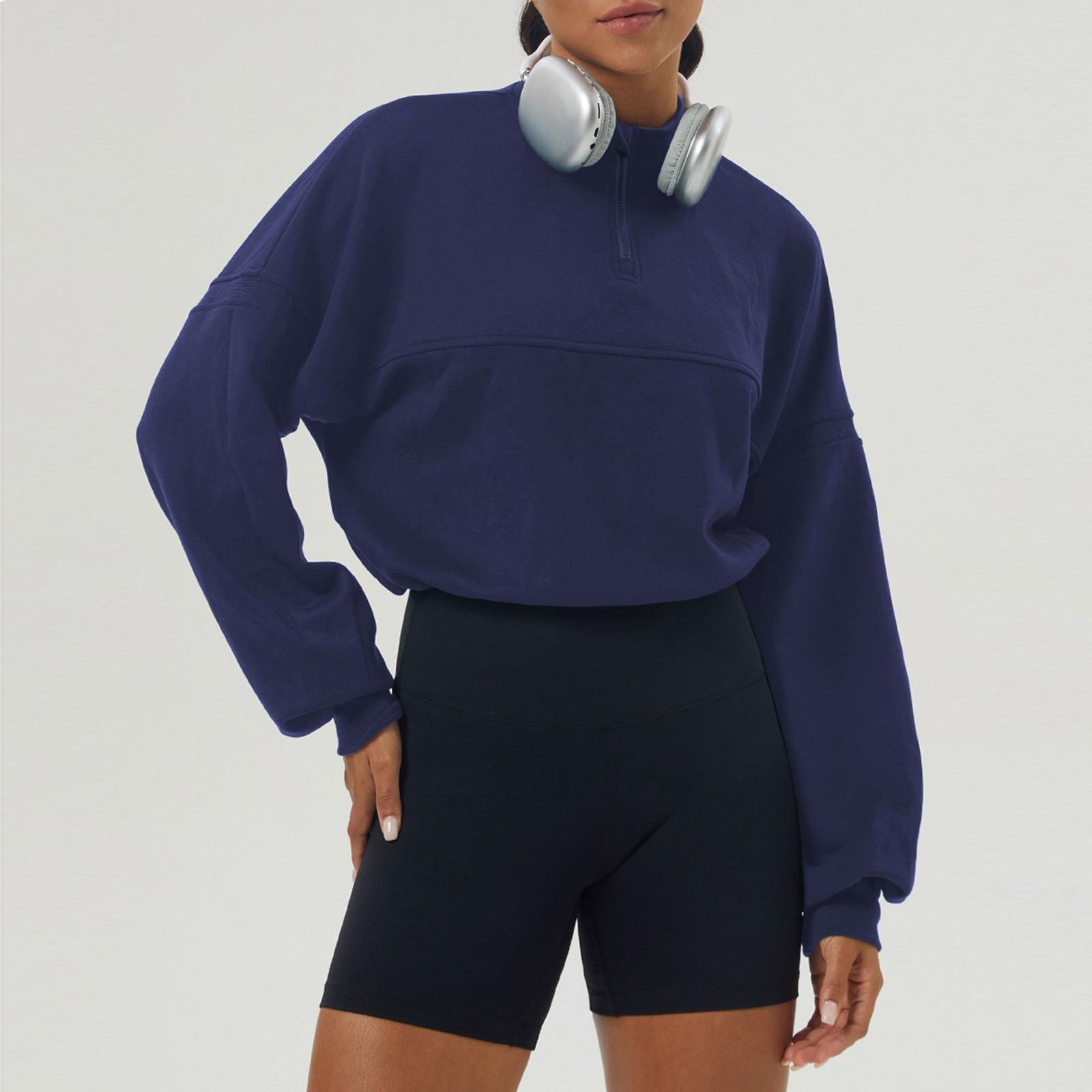 

Осенне-зимняя толстовка, спортивная, для отдыха, для йоги, куртка с длинным рукавом, полумолния, одежда для фитнеса, свободная толстовка для женщин L тёмно-синий