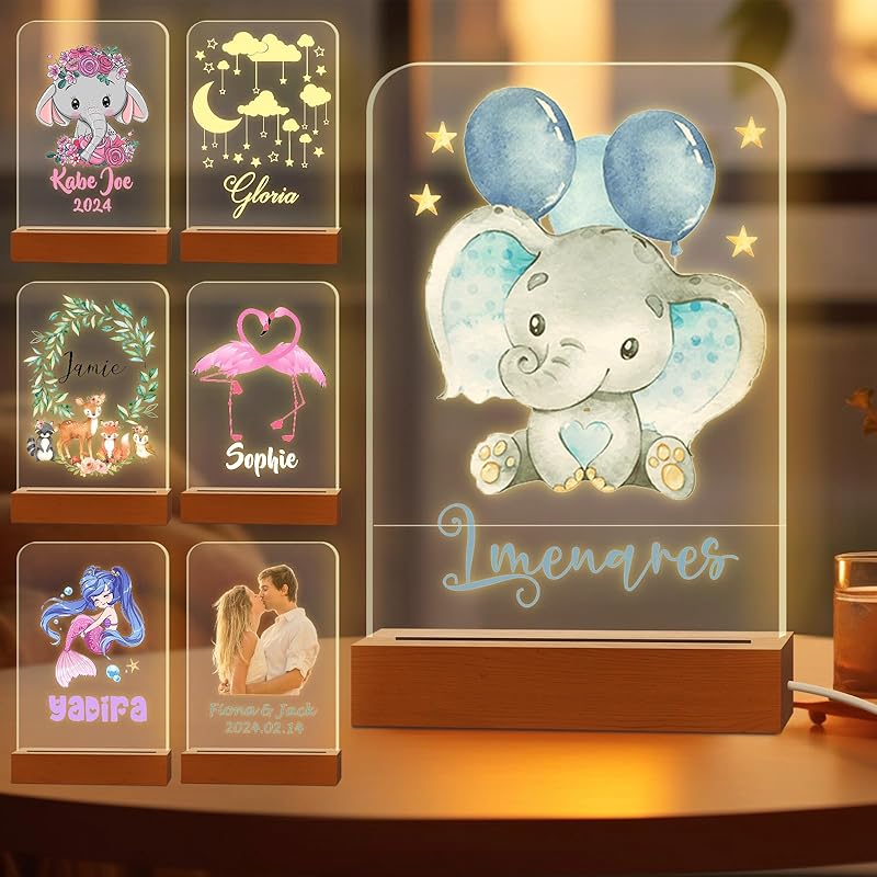 Personalized Night Light for Kids Custom Engraved Name Acrylic LED Lights with Wood Base for Nursery Bedroom Decor Night Lamp, Customized Birthday