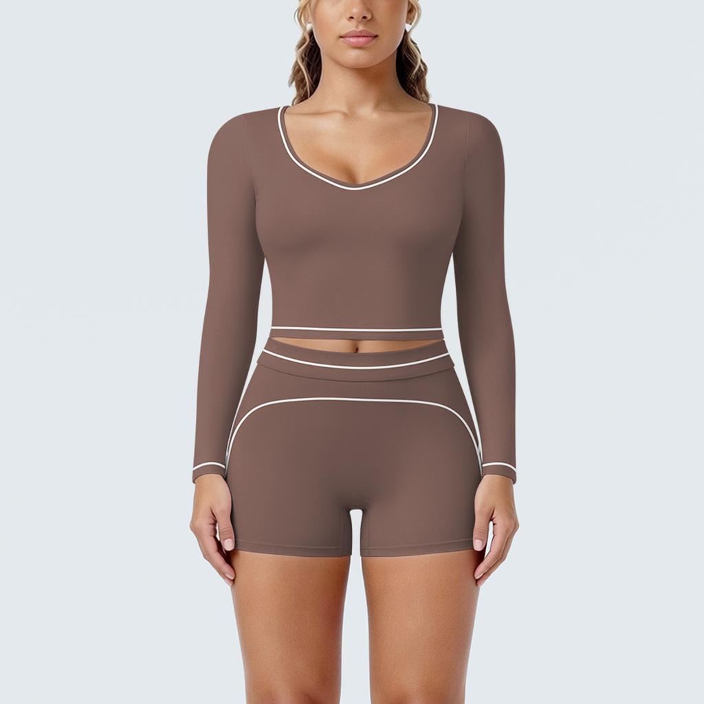 New Contrasting Colors, High Elastic, Low Neck, Long-sleeved Shorts, Yoga Suit Set, Sports Running, Fitness Yoga Two-piece Set