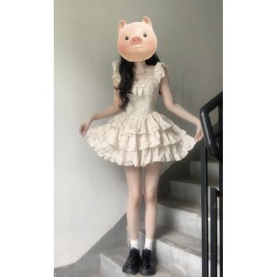 Girl Sweet Wind Fungus Splicing Flying Sleeves Floral A-word Dress Women's Summer Waist Thin Cake Skirt