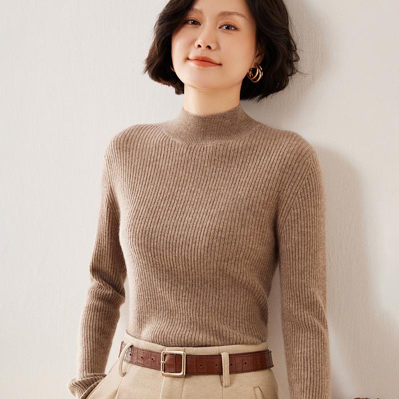 European Style Women's Slim-Fit 35% Cashmere Sweater - High-Neck Knit Base Layer for Autumn and Winter