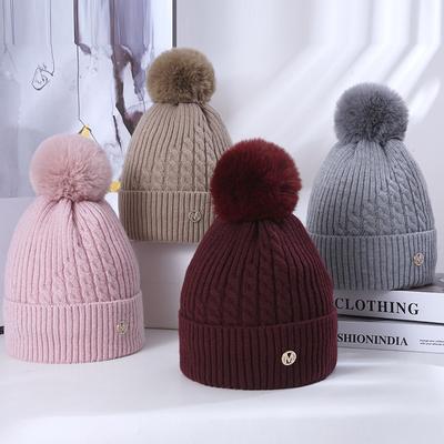 New Winter Twist Knitting Hat For Women Fur Pompom Thick Plush Cap Beanie Solid Color Ladies Warm Ski Snow Beanies