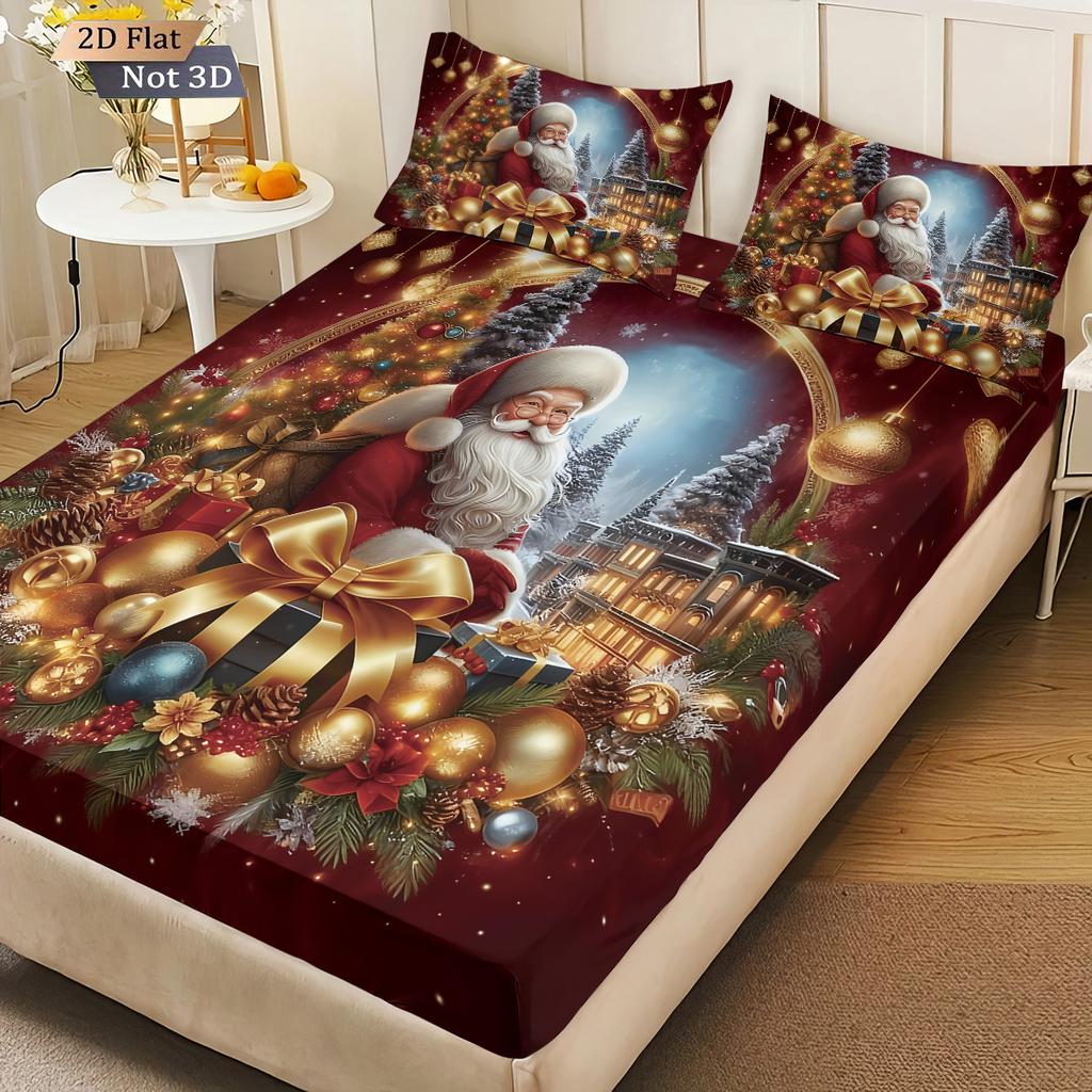 3pcs Merry ChristmasSanta Claus Print Coreless Bedsheet Set Various Sizes Bed Covers Bedroom Bedding Holiday Decorations