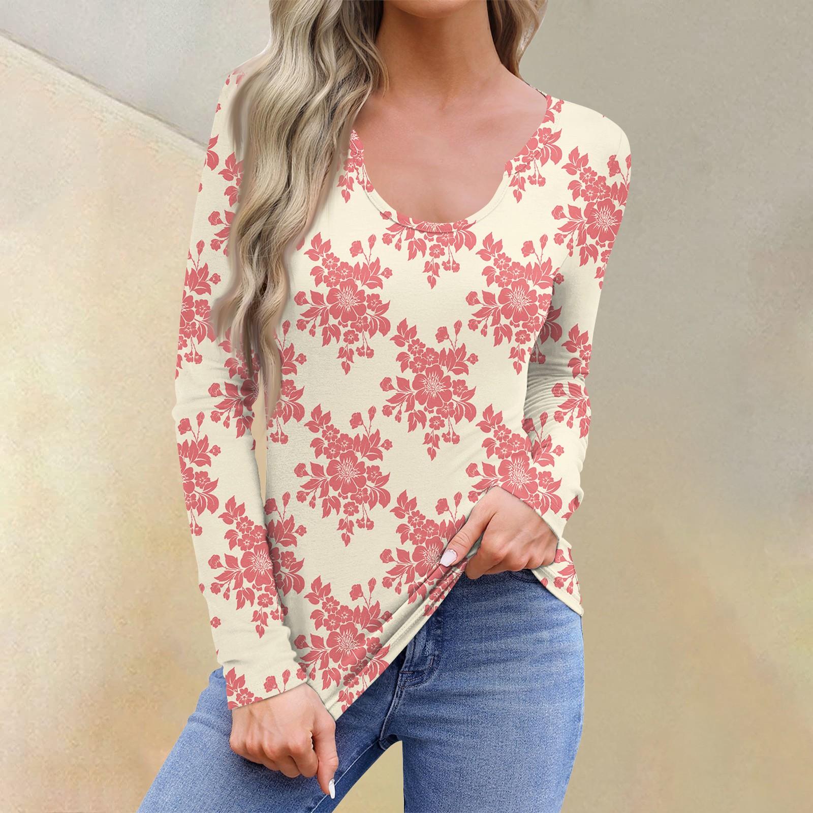 

Женская повседневная модная удобная рубашка с длинным рукавом и U-образным вырезом с цветочным принтом, футболка, топы S бежевый