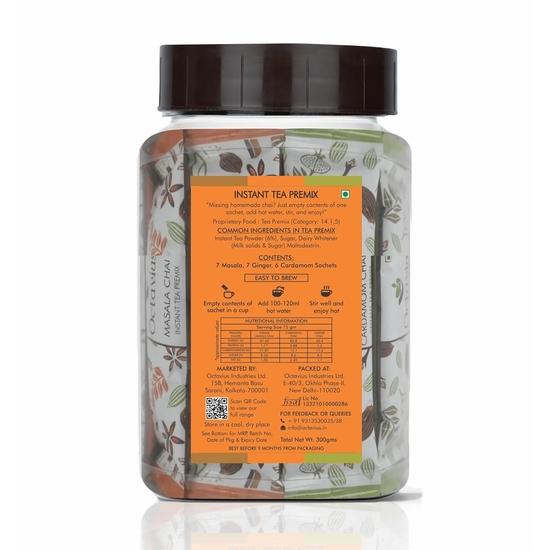 Octavius Assorted Premix Tea (3 In 1) - 20 Pouches (15 Gm Each) | NOW IN REUSABLE PET JAR | Masala, Cardamom, Ginger| Premix Tea Powder