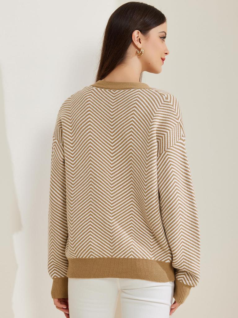 Allegra K Women's Striped Cardigan Sweater, Open Front, Button-Down, V-Neck, Khaki, Size Small