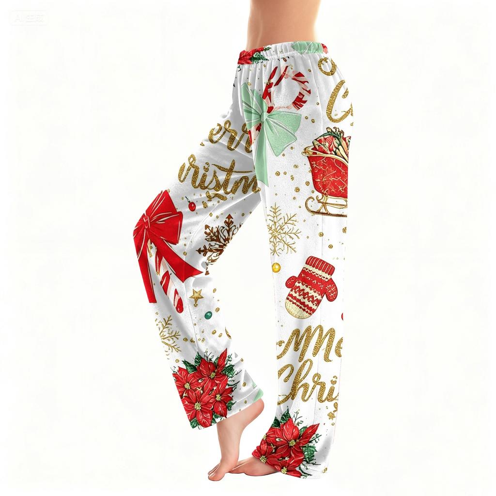 Women's Christmas Snowflake Tree Print Pajama Sleep Pants for Home Comfort