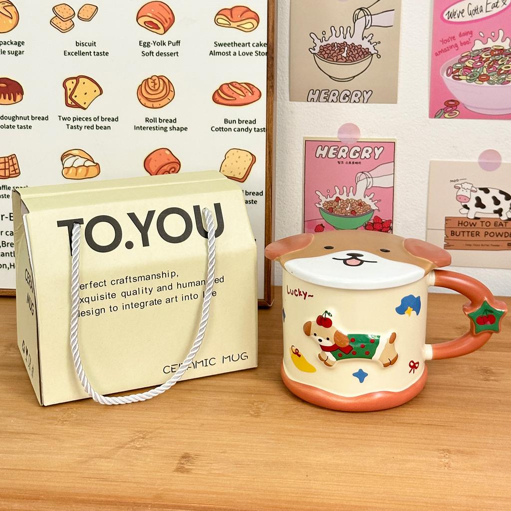 Smart Dachshund Dog Ceramic Cup Mug with Lid Student Water Cup Home Souvenir Birthday Gift Couple Cup