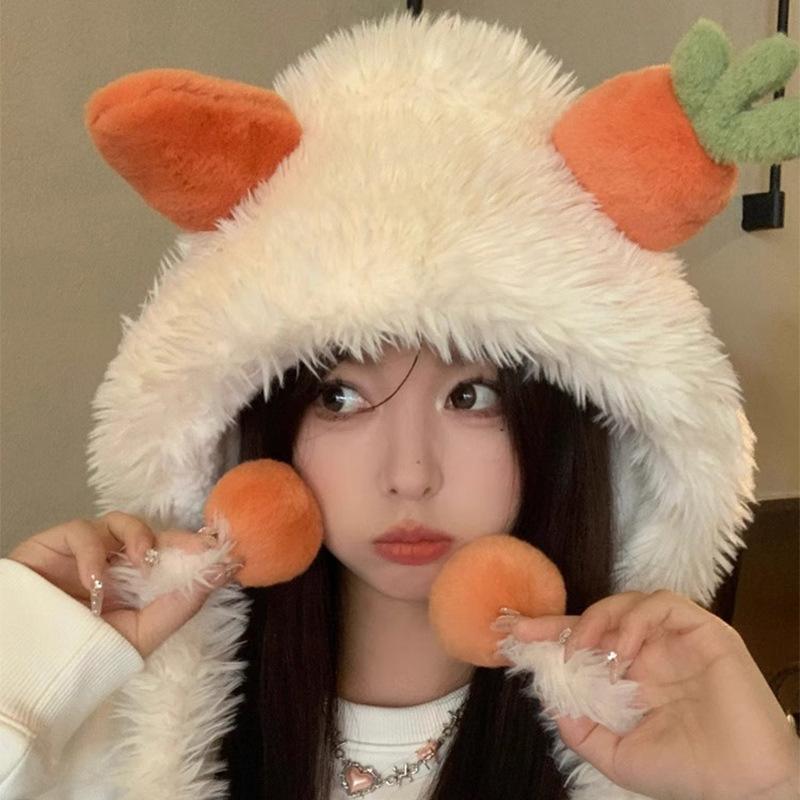 Cute Carrot Plush Ear Protection Head Hat for Women In Winter Thickened Cold Protection Lei Feng Hat Sweet Baotou Warm Hat