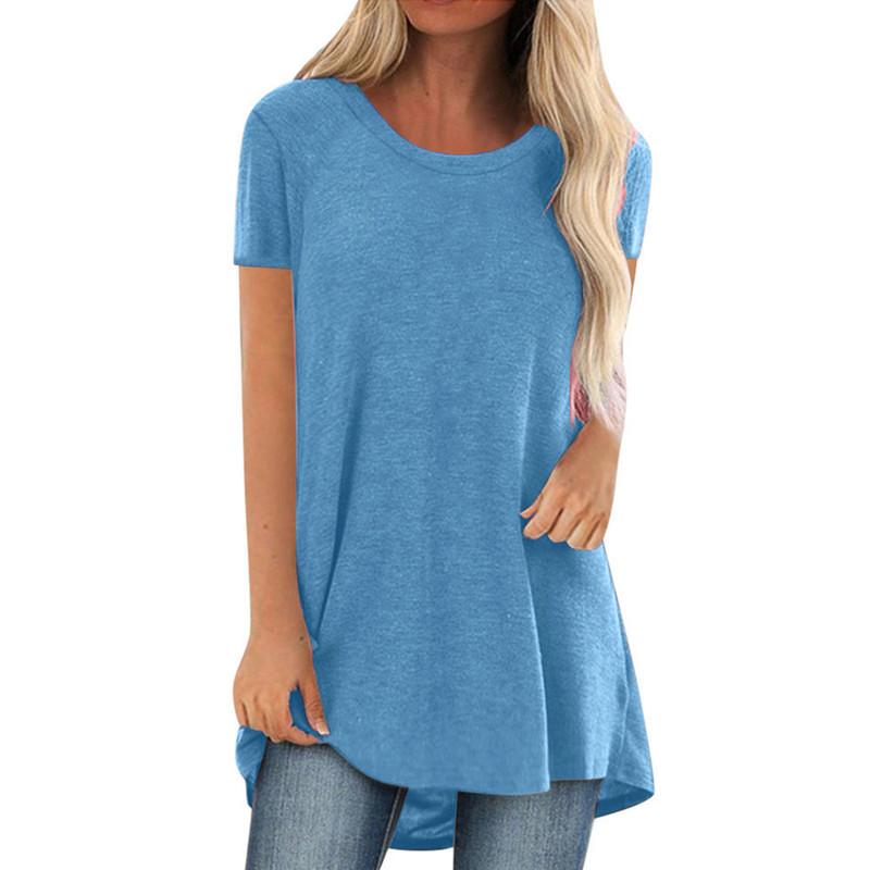 Women s Solid Color V-Neck Short Sleeve Longline T-Shirt Casual Loose Fit Summer Basic Tee Top Plus Size S-5XL 3XL синий