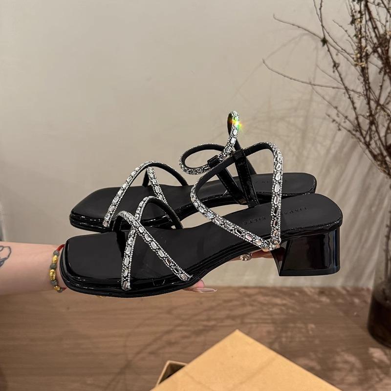 Coarse heel high heel rhinestone sandals women's summer wear 2025 new beautiful fashion temperament with skirt high heels