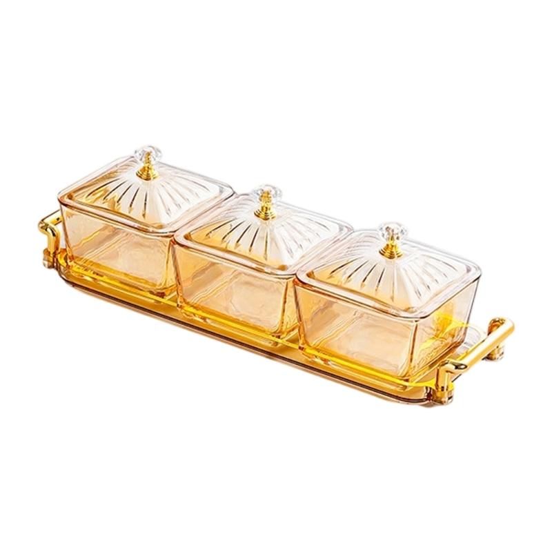 Glass 3 Section Snacks Organizers With Protective Lid And Tray and Removable Bowls For Kitchen Dining Room Display