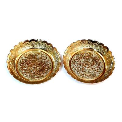Small Pure Brass Plate for Puja / Diwali / Bhog Thali with Beautiful Flower Embossed Design (Golden) Set of 2pcs