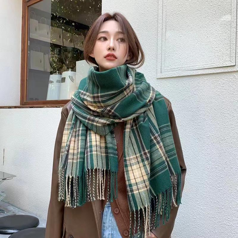 Women's Winter Plaid Imitation Cashmere Tassel Scarf, Thickened Korean Style Neck Warmer