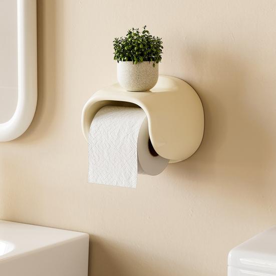 Roll Holder No Drilling Wall Mount Toilet Paper Holder with Top Storage Shelf Durable Space Saving Tissue Dispenser for Bathroom Kitchen
