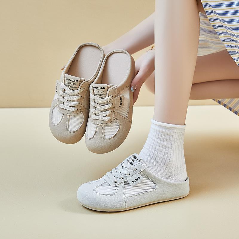 Summer Half Tray White Shoes New Korean Version Ins Female Students Mesh Breathable Height Increase Casual Board Shoes K3903