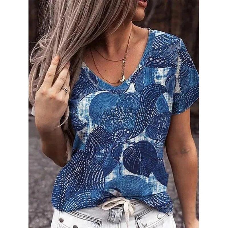 Fashion T-shirt Women's 3d Printing V-neck Short-sleeve Tops Tees Summer Y2k Clothes 2023 New Femaleswear Large Size T Shirt