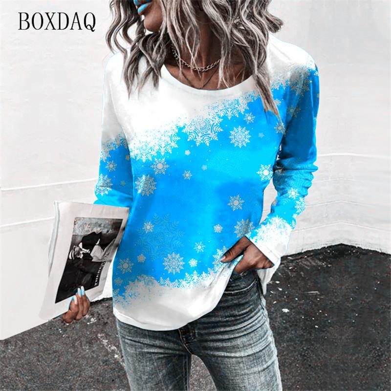 Snowflakes Pattern Women T-Shirts Autumn Winter Long Sleeve Christmas Style Streetwear Ladies Tees 6XL Plus Size Casual Tops