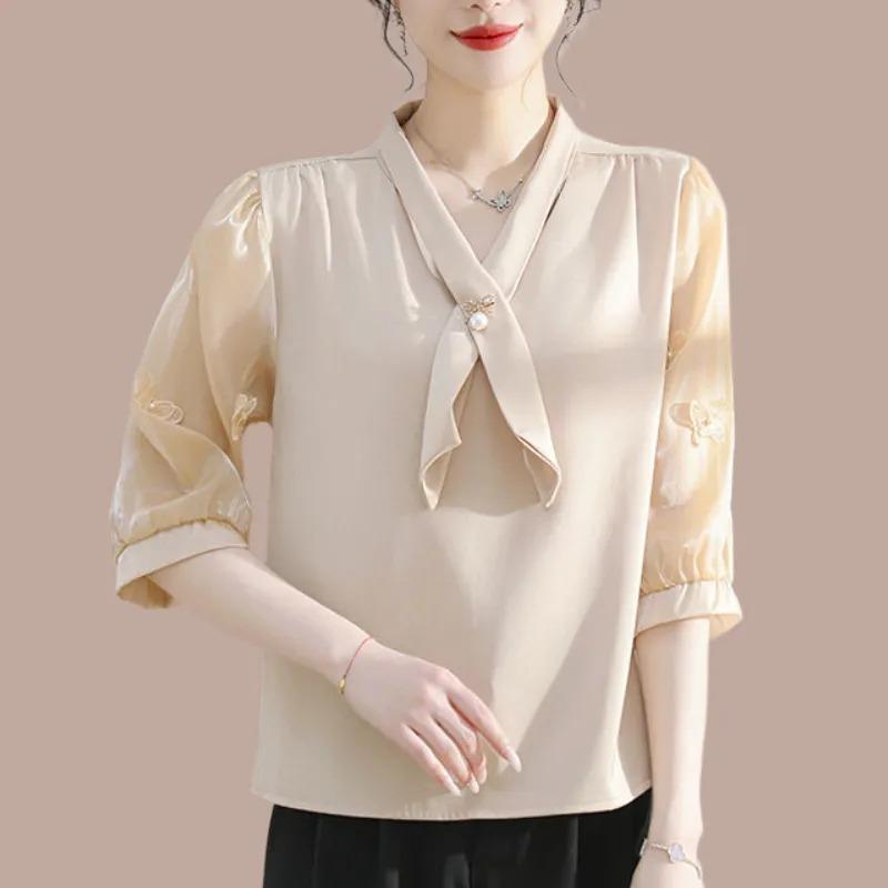 

Temperament Age-reducing Three-quarter Sleeve Chiffon Shirt for Women Summer New Women s Simple Casual Shirt Mom Summer Top 3XL жовтий