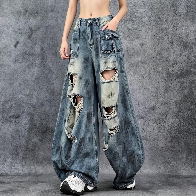 Vintage Washed Straight Leg Denim Pants Men Women Oversized Relaxed Fit Distressed Button Fly Jeans