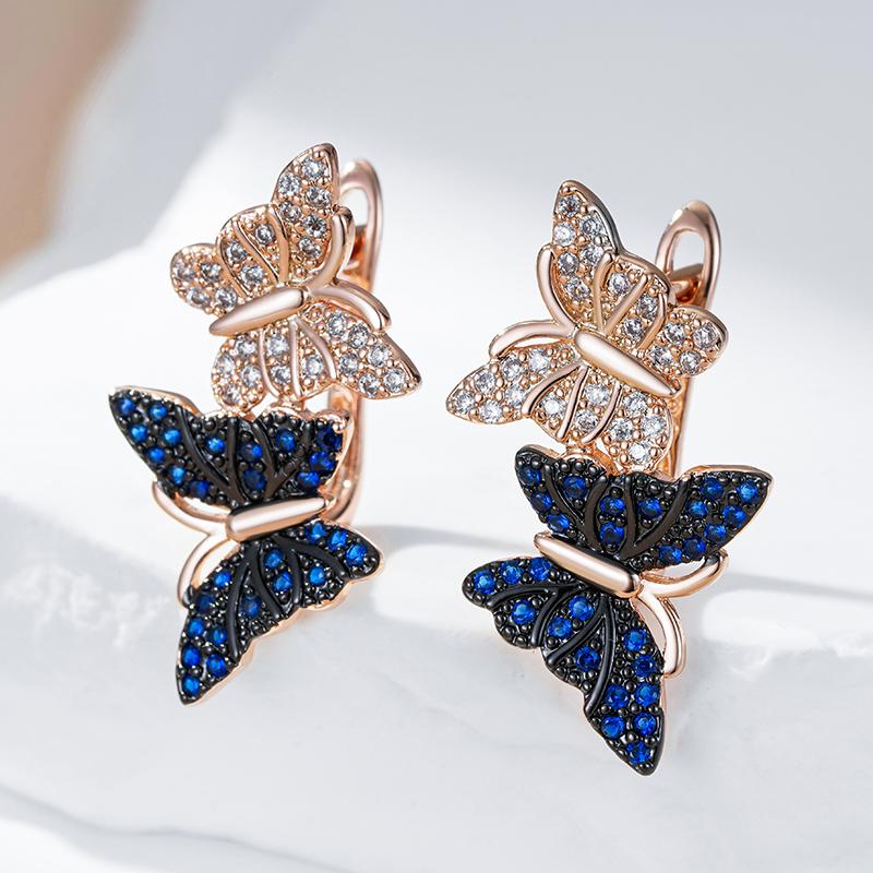 Kinel Hot Blue Natural Zircon Two Butterfly Drop Earrings For Women 585 Rose Gold and Black Plating Animal Daily Punk Jewelry