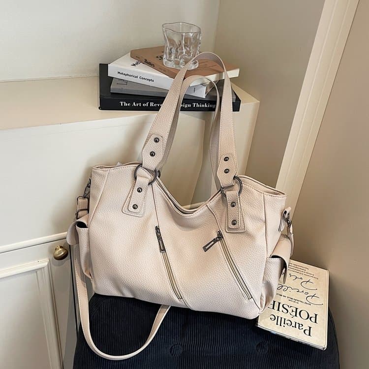 

Lychee Pattern Multi-compartment Soft Leather Tote Bag Women s Shoulder Bag off білий колір