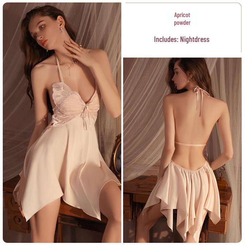 

Sexy Deep V Women s Nightgown Set with Butterfly Design & Breast Pads M