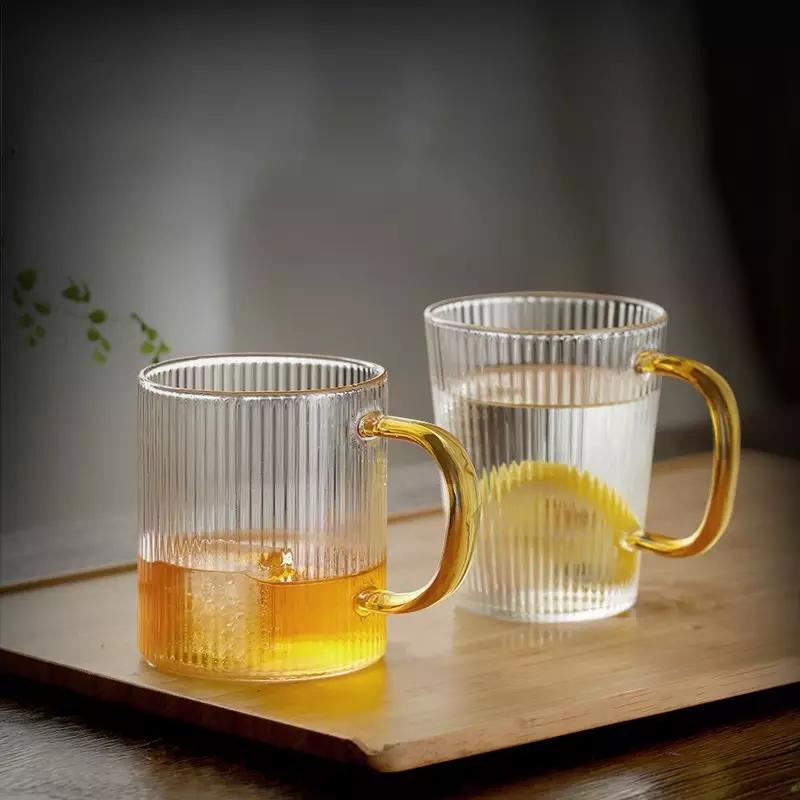 Ribbed Juice Water Drinking Glass Cup With Handle Vertical Striped Borosilicate Heat Resistant Coffee Cup Whiskey Tumbler Glass