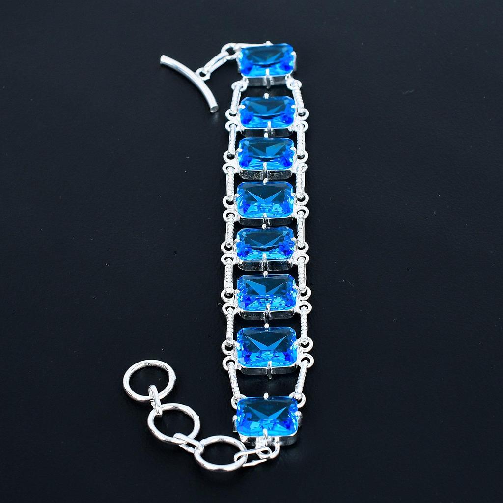 Faceted Blue Topaz Bracelet 925 Sterling Silver Jewelry Adjustable Chain Bracelet Cushion Shape Gemstone Handmade Jewelry Gift For Her