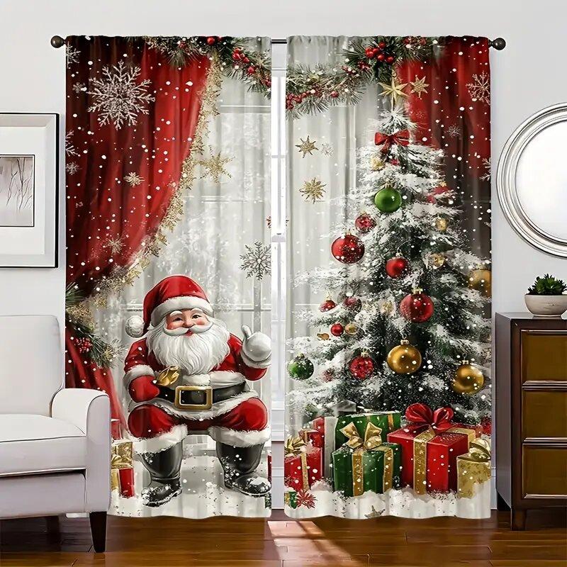 2 Stück - Weihnachtsmann und Feiertagsmuster Stil gedruckte Vorhänge, Stangentaschen-Vorhänge, Heimdekoration, Raumdekoration