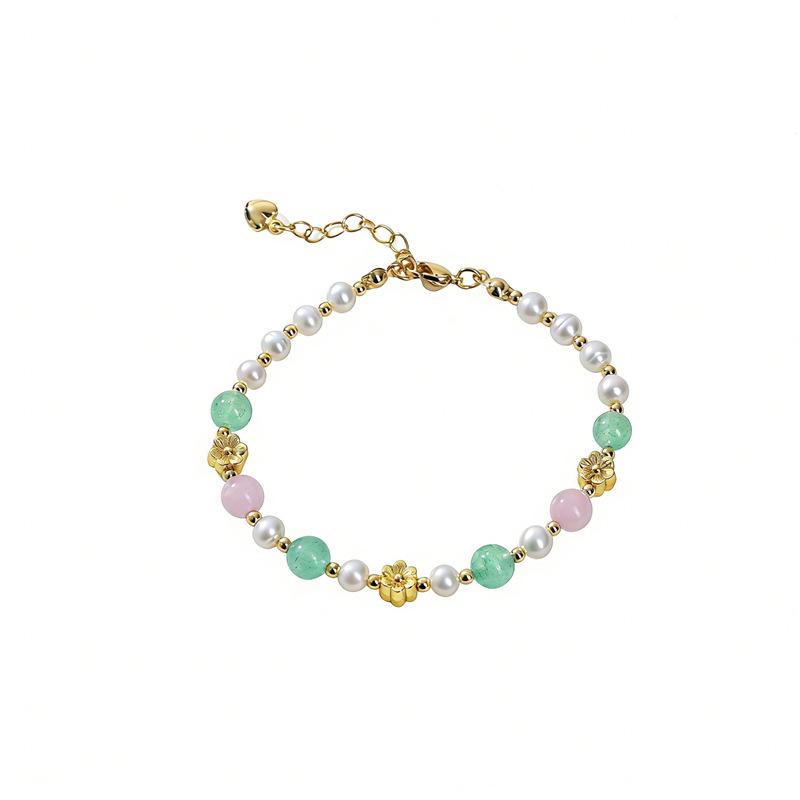 Arvaleff Green Crystal & Freshwater Pearl Flower Bracelet for Women