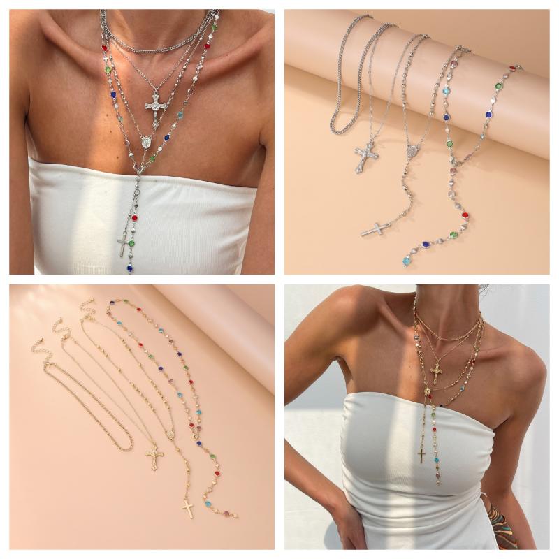 Luxury Rhinestone Cross Pendant Necklace For Women Girls Vintage Colorful Long Y-Shaped Necklace Hip Hop Party Body Jewelry Gift