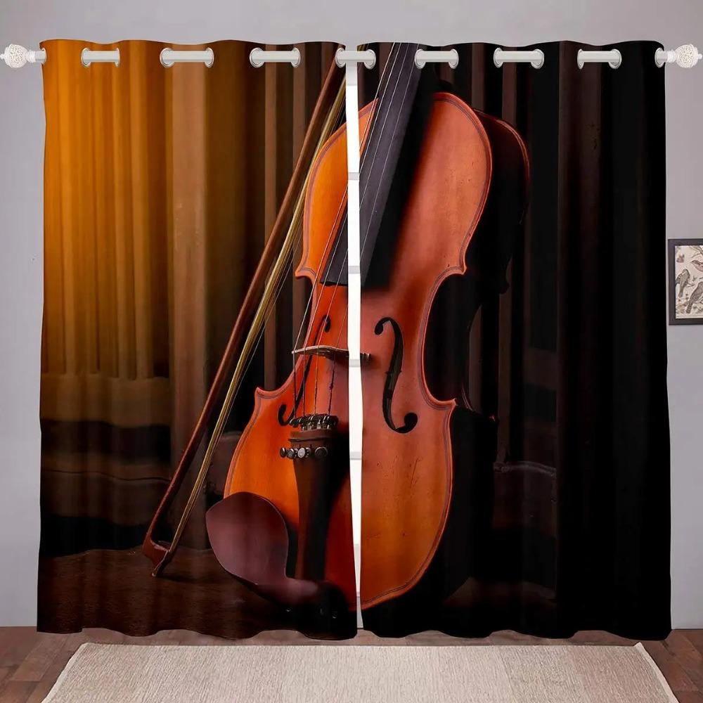 Violin Printed Blackout Drapes Classic Music Themed Window Curtains Musical Pattern Window Treatments Bedroom Decor Curtain