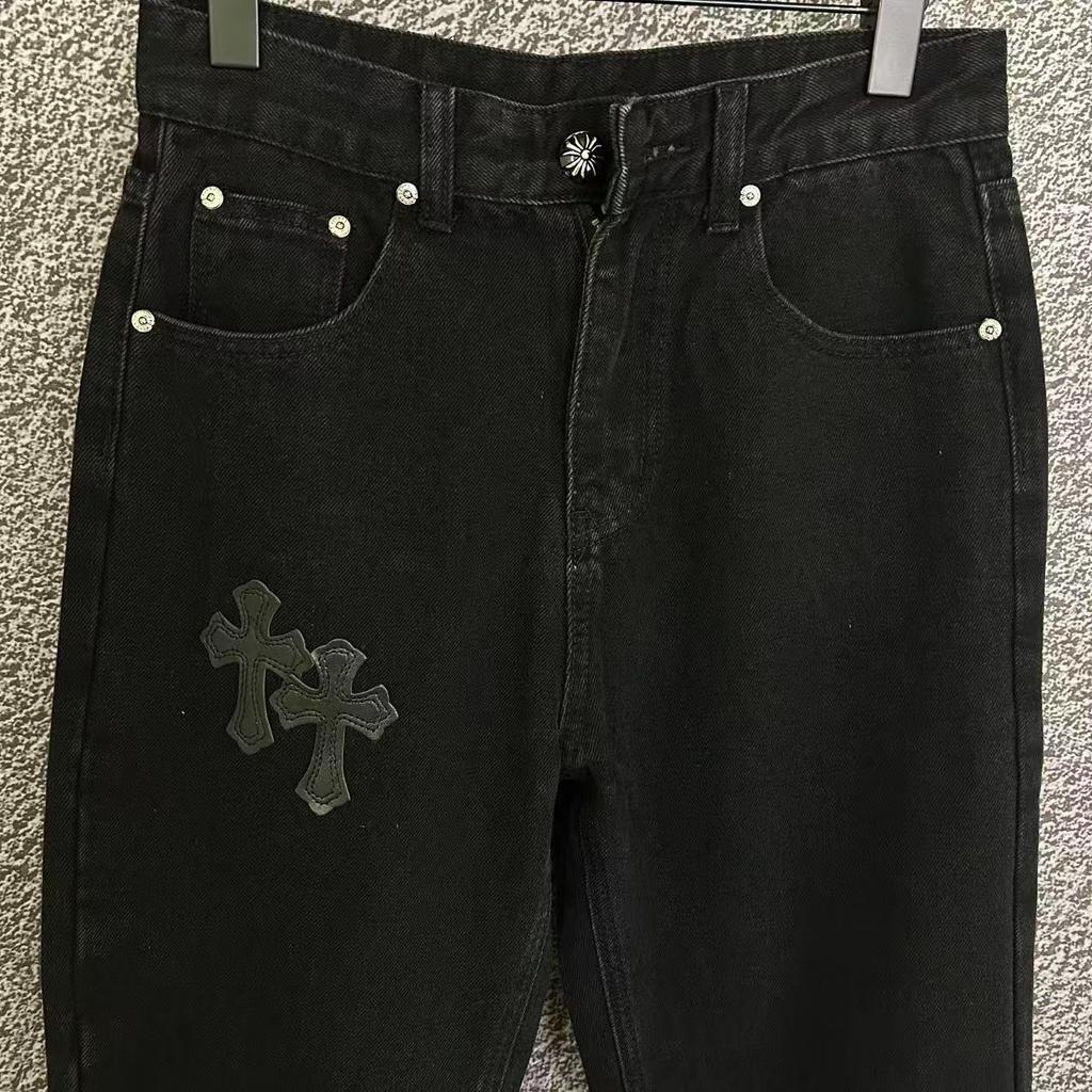 9930 CHROME HEARTS Men's and Women's American Style Trendy Jeans with Fabric Patches, Casual and Fashionable High Street Pants