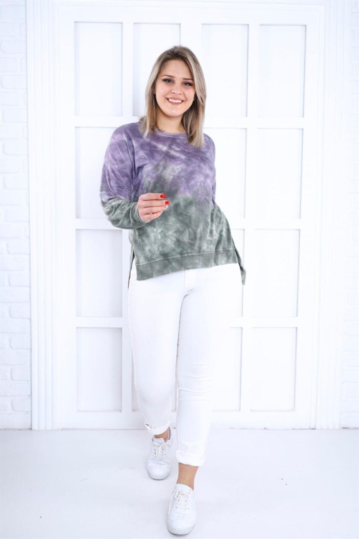 

Women s Style Big Size Sweatshirt Lilac-Green Batik Sweat With Side Slits L