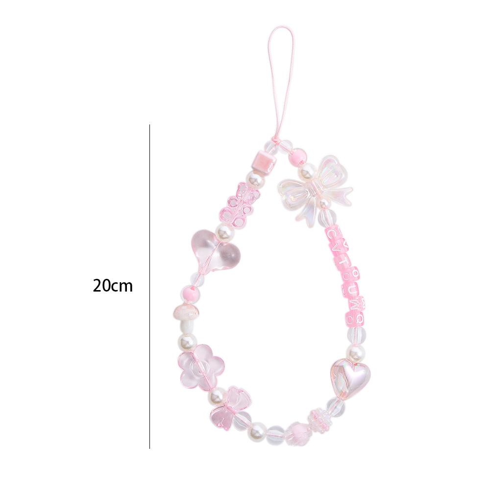 Pink Acrylic Beaded Short Rope Mobile Phone Straps Wrist Hand Lanyard Hand Strap Phone Charm