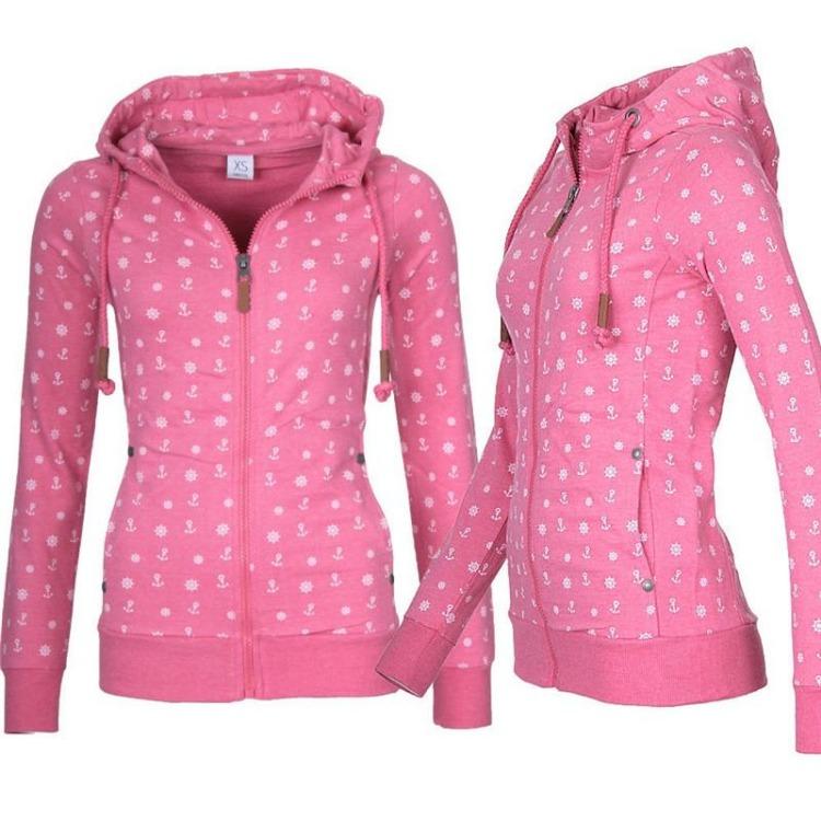 Dámská ležérní nadměrná fleecová mikina s kapucí, na zip, svetr, pulovr, topy, mikina s potiskem mořské kotvy
