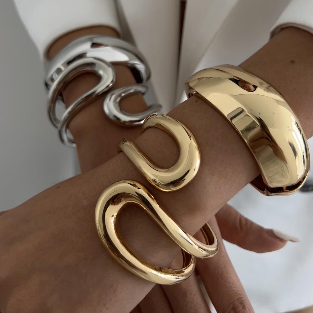 Ingemark Punk Vintage Geometrico Heavy Metal Bracciali a Molla per Donne Hip Hop Colore Oro Braccialetti a Bracciale Aperto Gioielli per Coppia Uomini